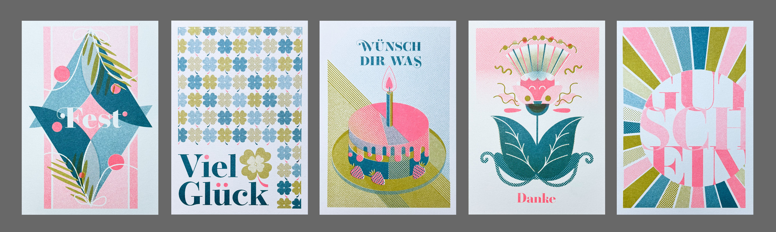 5 Riso Grußkarten - frohes Fest, viel Glück, wünsch dir was, Danke, Gutschein 5 Riso Grußkarten - frohes Fest, viel Glück, wünsch dir was, Danke, Gutschein