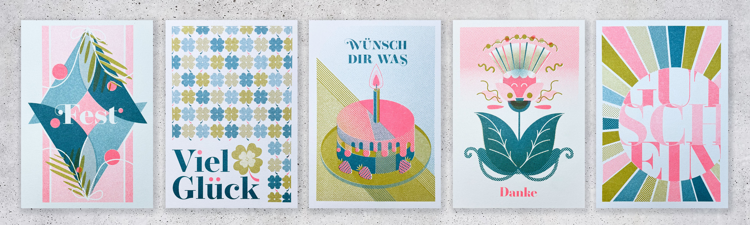 5 Riso Grußkarten - frohes Fest, viel Glück, wünsch dir was, Danke, Gutschein 5 Riso Grußkarten - frohes Fest, viel Glück, wünsch dir was, Danke, Gutschein